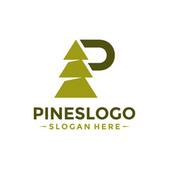 Letter P for Pine Tree Logo Design Template. Vector Illustration.
