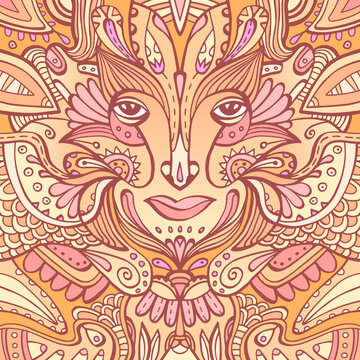 Colorful ornate face of a fairytale elf. Hand-drawn ethnic ornate godess. Tribal boho tattoo. Vector illustration.