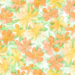 Watercolor wild yellow cosmos flowers seamless pattern. Hand painted raster texture.