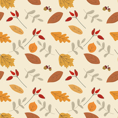 Seasonal autumn hand drawn seamless raster pattern.Fall decorative endless background with dried leaves,acorns and berries.Foliage backdrop with forest leafage for fabric,textile,cover, wrapping paper
