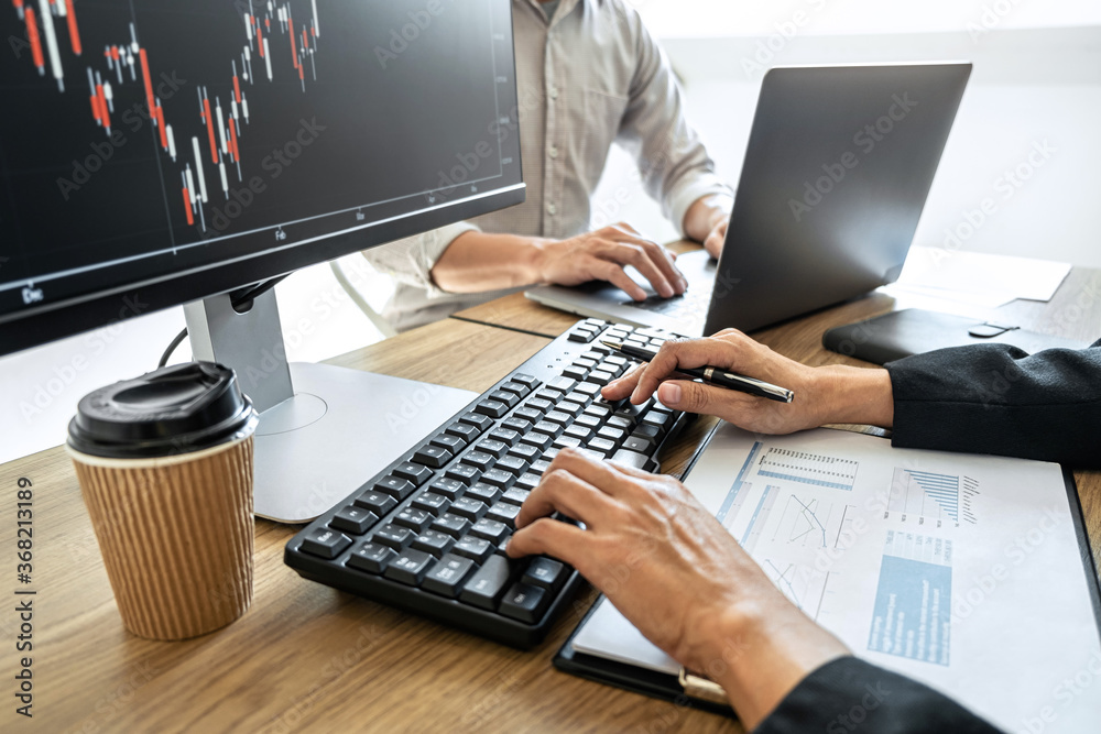 Poster business team working with computer and analysis graph stock market trading