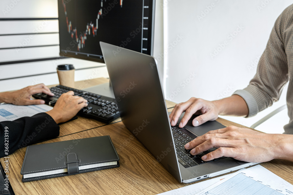 Poster business team working with computer and analysis graph stock market trading