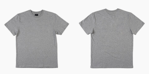 Blank t-shirt color gray template front and back view isolated on white background. Plain t-shirts taken from the top view. Blank gray t-shirt set isolated, mock up tshirt to be printed.