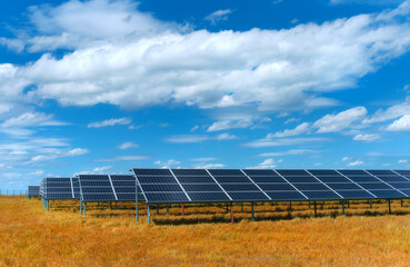 Solar power plant, blue solar panels on Autumn orange grass field under blue sky with clouds