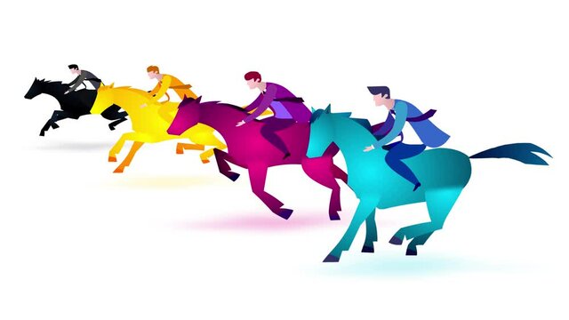 CMYK riders cartoon version 2. Four businessmen riding colour vector horses. Business people. Animation good for business metaphor of printing process. Wector style illustration of idea.