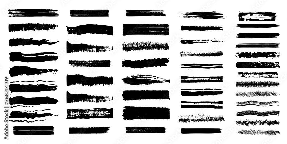 Poster big collection of black paint, ink brush strokes, brushes, lines. dirty artistic design elements. hi
