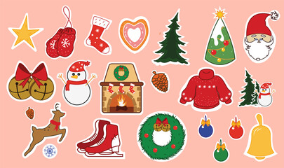 Set of Christmas stickers. Symbols of the holiday. Winter season stickers isolated on pink background. Vector illustration for your design