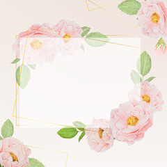 watercolor pink roses with golden frame square banner background