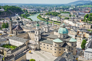 Scenic view of the historic city of Salzburg with Salzach river in summer of Salzburg, Austria.