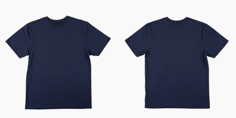 Blank T Shirt color navy blue template front and back view on white background. blank t shirt template.  navy blue tshirt set isolated,mock up. - obrazy, fototapety, plakaty