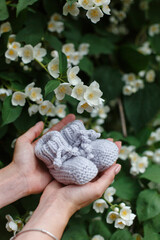 Small handmade booties in female hands on the background of a blossoming tree