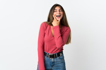 Fototapeta premium Young caucasian woman isolated on white background happy and smiling