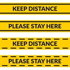 Fototapeta premium Keep distance yellow floor stripe. Please stay here line