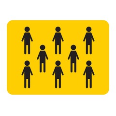 Social distancing yellow sign 2 m. Group of people stay on 2 meters distance