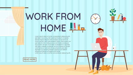 Work From Home Vector with Man working at a desk with a laptop