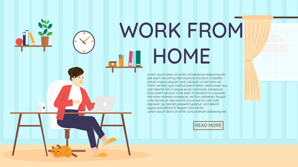 Work From Home Vector with Woman working at a desk with a laptop