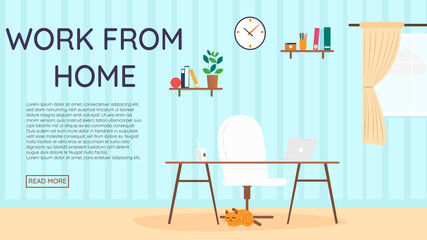 Work From Home Vector with Desk, Chair, Laptop, Clock and Books