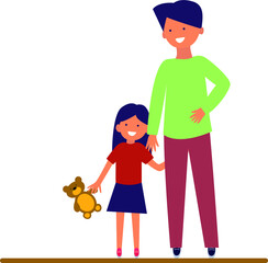 Vector illustration. Dad stands with his daughter. A girl holds a bear in her hands