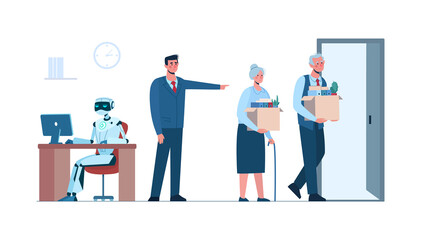 Elderly people retire. Artificial intelligence has replaced humans, they lost their job due to robotics. Ai, technologies. The robot is in the workplace, man and women africans is fired. Flat vector
