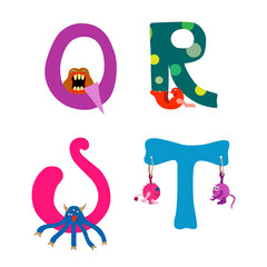 Vector illustration of capital letters of the latin alphabet. Baby monsters characters. Cartoon aliens are drawn by hands. Isolated elements on a white background for a children's room, clothes.
