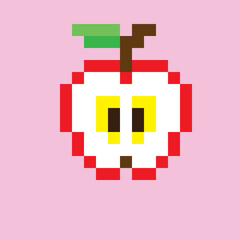 Red apple with a pixel art style. Vector pixel art apple. Apple Dissection. Pink background.