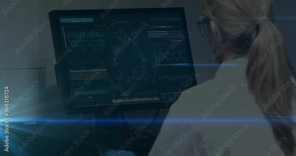 Poster Animation of female scientist looking at computer screen with data processing