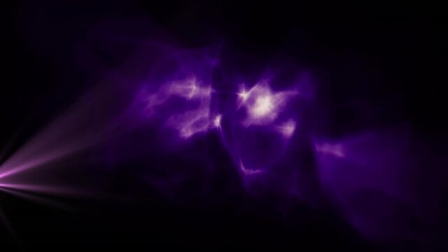 Animation of purple clouds of smoke with spot of light moving in seamless loop on black background