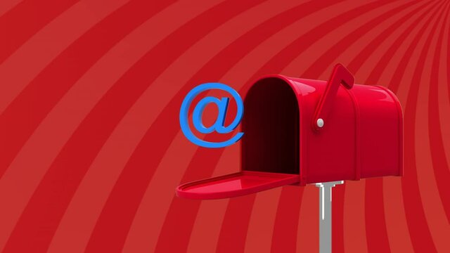 Animation of blue email icon next to postbox on rotating red stripes moving in seamless loop
