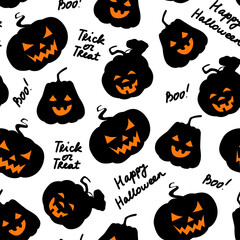 Halloween seamless pattern. Pumpkins black silhouette with carved scary smiling faces and lettering. Happy Halloween Boo Trick or Treat. Stock vector flat illustration isolated on white background.
