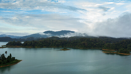 Aerial view of Kenyir Lake in the morning.