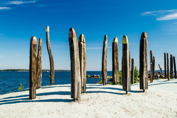 Kotka, Finland - 11 June 2020: Sculpture Oaksoldiers in the Katariina Seaside Park.
