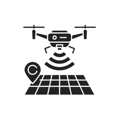 Drone tracking black glyph icon. GPS navigation symbol. Interactive map and quadcopter. Aircraft device concept. Sign for web page, mobile app, banner, social media
