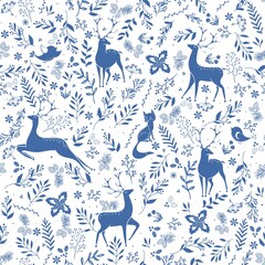 Winter seamless vector pattern with holly berries, deer, fox, bird and Christmas branch.  Can be used for wallpaper, pattern fills, surface textures, fabric prints.