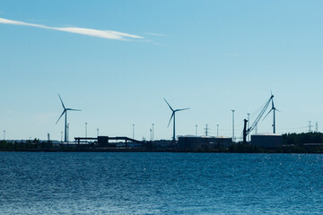 Windmills on island Mussalo in Baltic Sea, Kotka, Finland