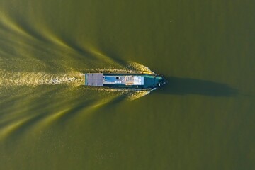 Ship in open sea. Aerial view.