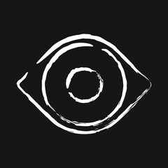 Eye vector icon. Optic eyesight and look symbol. View or watch sign. Optician logo. Painted ink drawing style. Isolated on black background.