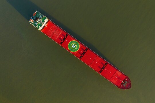 Ship in open sea. Aerial view.