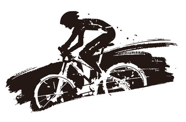 Mountain biker in full speed.
Expressive grunge stylized illustration of mountain bike cyclist. Vector available.