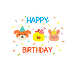 Birthday card with cute three animals in it. white background, confetti, hat