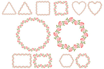 Obraz premium Classic wreath with pink rose and green leaves. Holiday floral frame, border. Vector botanical collection.