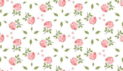 Rose flower and leaf seamless pattern for wallpaper design. Botanica repeat print for fabric, textile. Elegant floral backdrop.