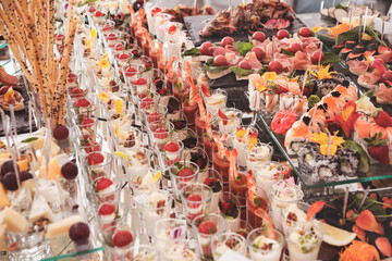 Assortment festive appetizers on the plate, selective focus. Festive buffet. As a photo, for the menu of restaurants, cafes and promotional items.