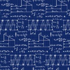 Spring construction. Physics background with the equations, figures, schemes, plots and other calculations on blueprint. Handwritten vector seamless pattern.