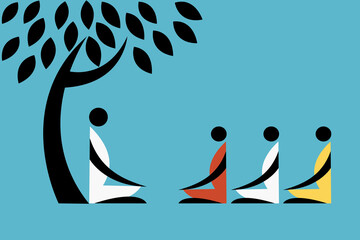Tribal style illustration of students learning from a teacher under a tree