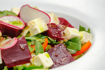 Vegetable salad with radish, soft cheese, beetroot and greens in a white plate on a gray background. Snacks on the restaurant.