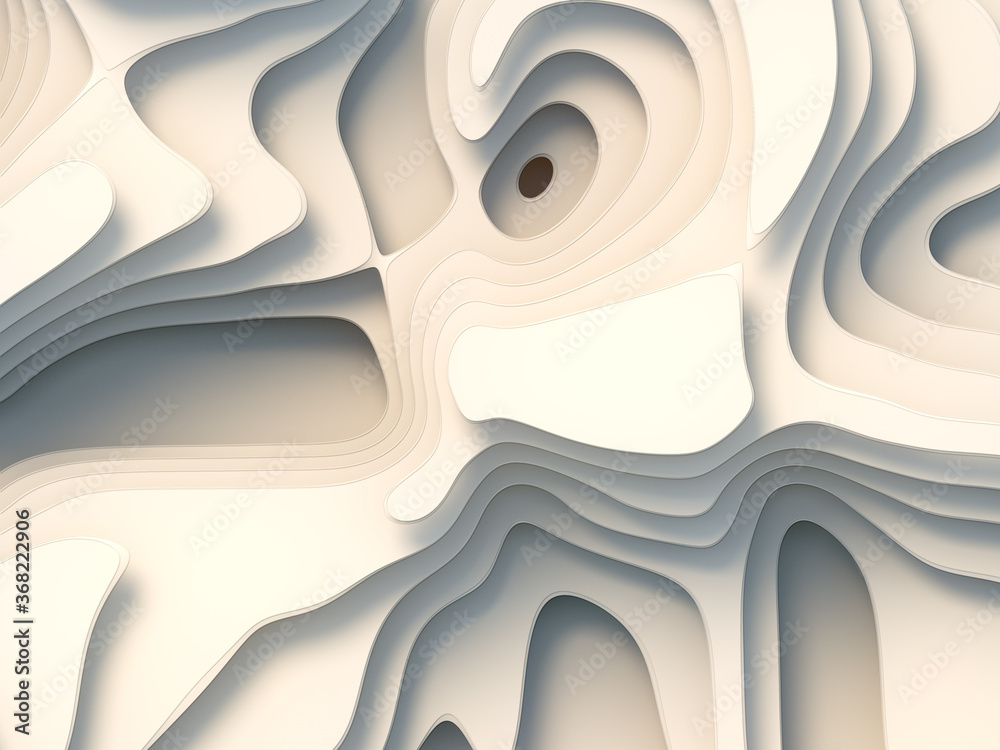 Fototapete 3d rendering wave bends white flowing surface. Abstract topography map concept