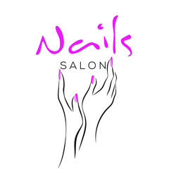 Nail salon illustration.Woman hands with beautiful pink nail polish manicure.Nails art icon isolated on white background.Cosmetics and beauty logo.Bright colors.