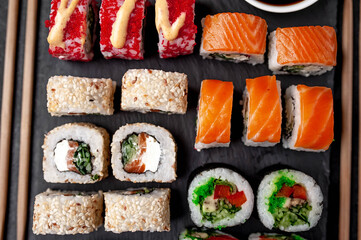 Sushi set on a stone background. Japanese food