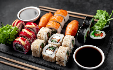 Sushi set on a stone background. Japanese food