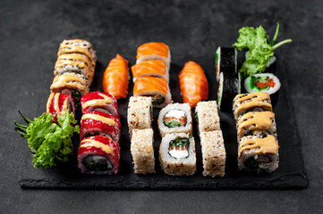 Sushi set on a stone background. Japanese food